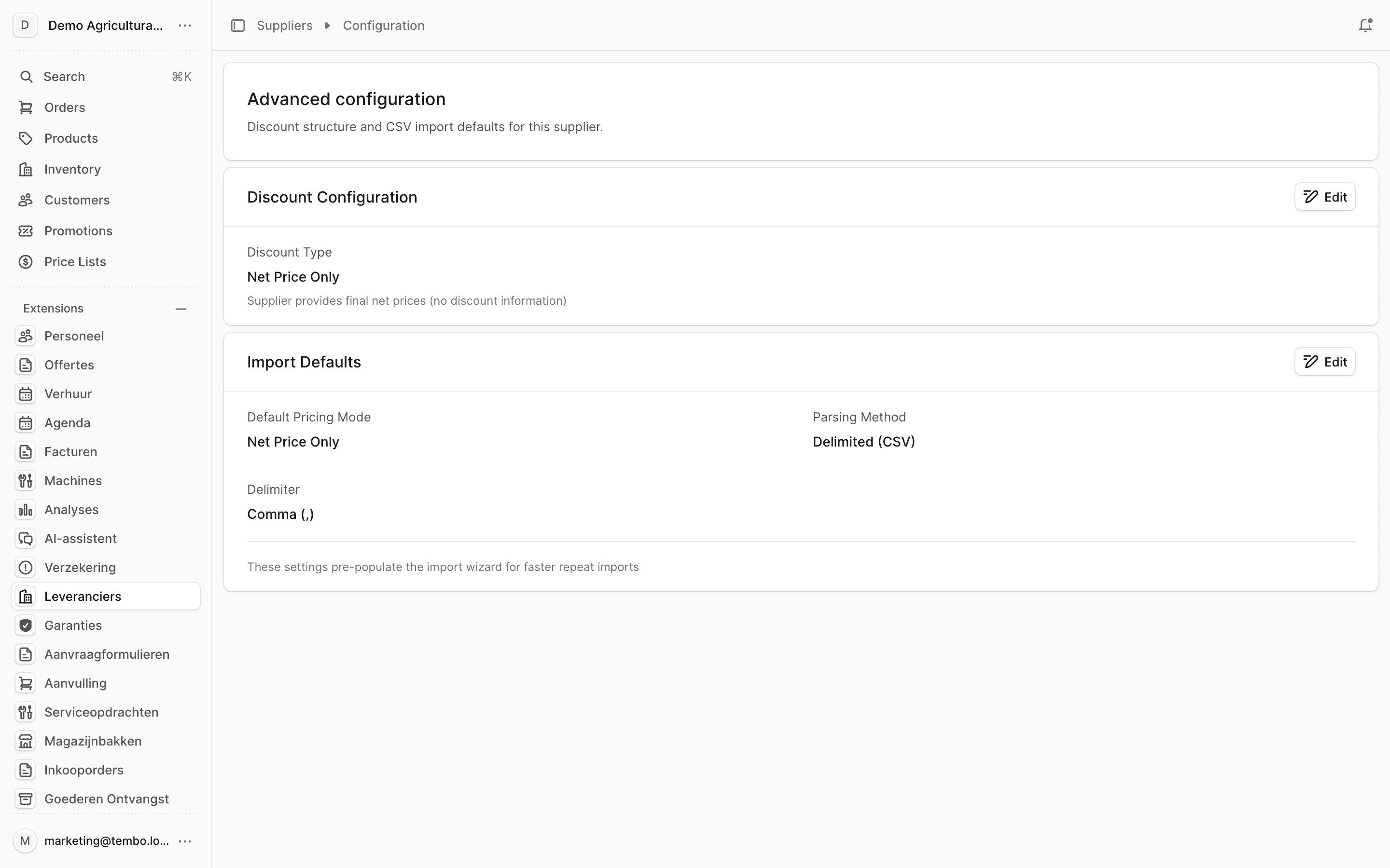Configuratiepagina van de leverancier met de kaarten "Discount Configuration" en "Import Defaults", elk met een "Edit"-knop