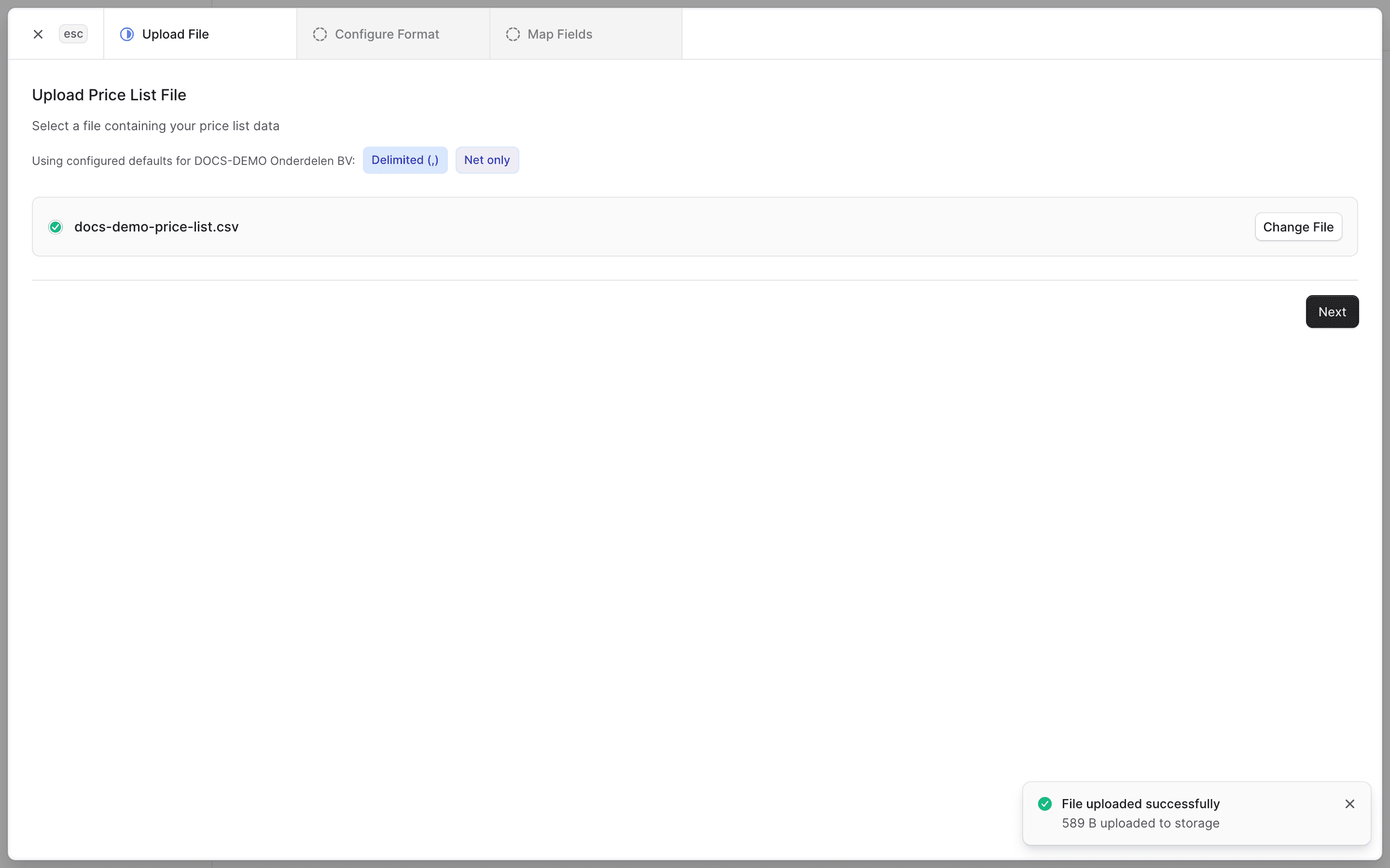 Stap "Upload File" met geüpload bestand
